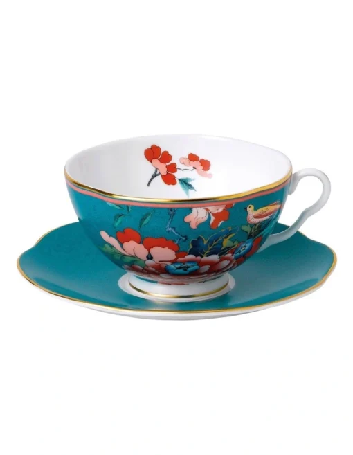Wedgwood Paeonia Blush Teacup & Saucer Green -Homeware Haven Shop