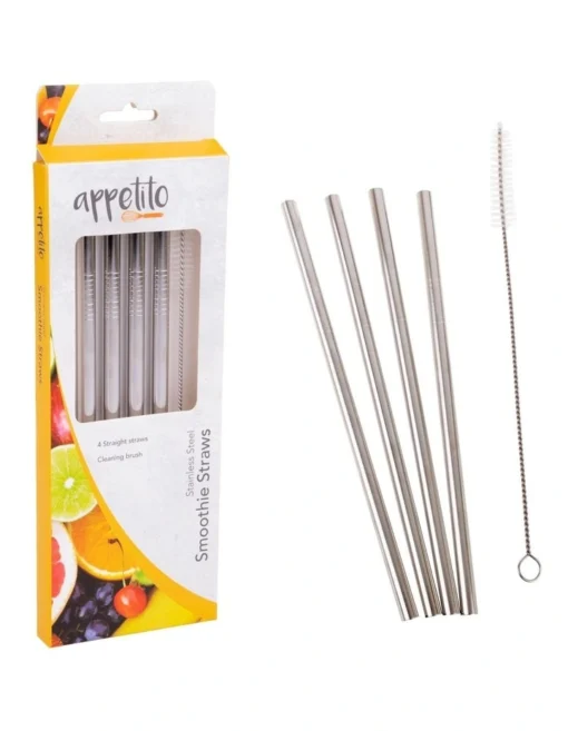 Stainless Steel Straight Smoothie Straws Set 4 With Brush -Homeware Haven Shop