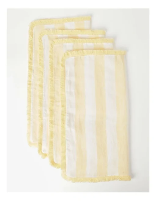 Fringed Linen Napkin Set Of 4 Wide Stripe In Yellow -Homeware Haven Shop