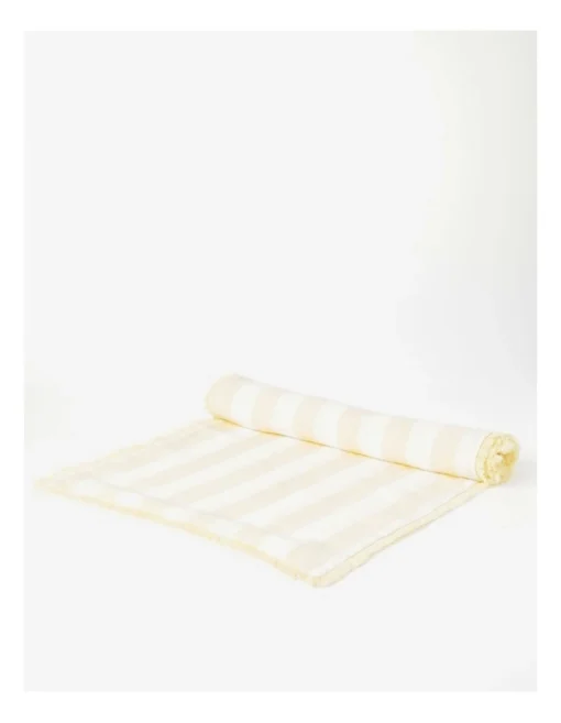 Fringed Linen Table Runner Wide Stripe In Yellow -Homeware Haven Shop