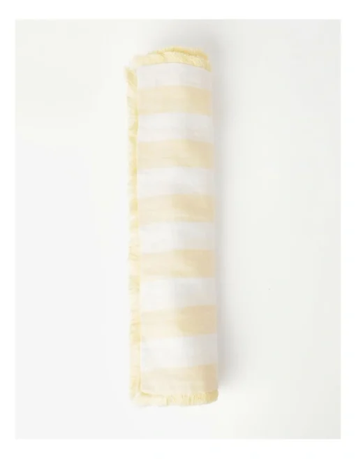 Fringed Linen Table Runner Wide Stripe In Yellow -Homeware Haven Shop