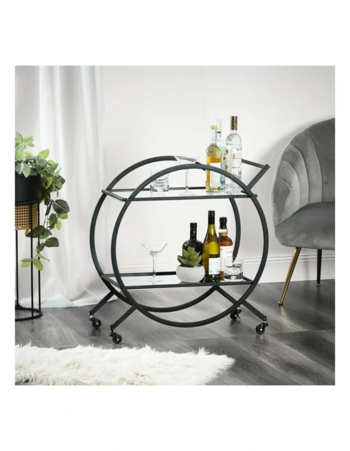 Remy Steel Bar Cart With Glass Rack In Black -Homeware Haven Shop